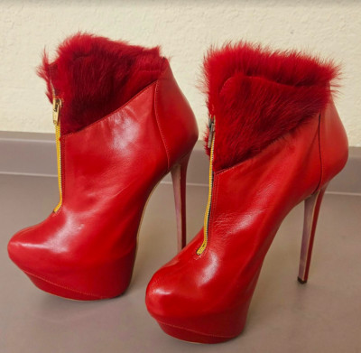 Calavelli Made In Italy Red Leather & Fur Platform Stiletto Booties EU 41 Sexy