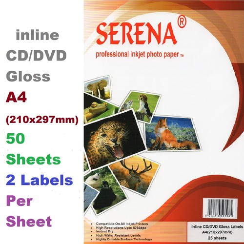 50x Serena Gloss Inkjet Photo Paper CD DVD DISC Inline Neato 2 Labels Per Sheets - Picture 6 of 6