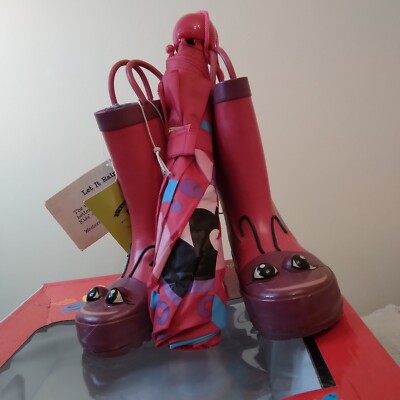 Western Chief Kids Size 7/8 Purple & Pink Butterfly Rain Boots & Umbrella Set