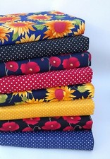 8 PIECE COTTON PATCHWORK FABRIC BUNDLE LARGE SCRAPS SQUARES SUNFLOWERS POPPY
