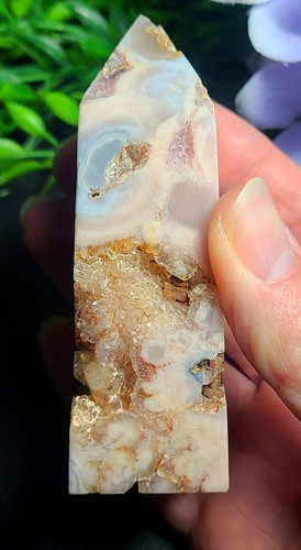 3.5" 158g Druzy Geode Flower Agate & Pink Amethyst Obelisk Tower Point Crystal - Picture 9 of 14