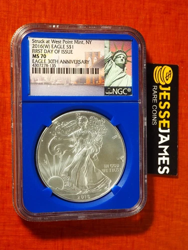 2016 (W) $1 AMERICAN SILVER EAGLE NGC MS70 FDI STRUCK AT WEST POINT MINT LABEL