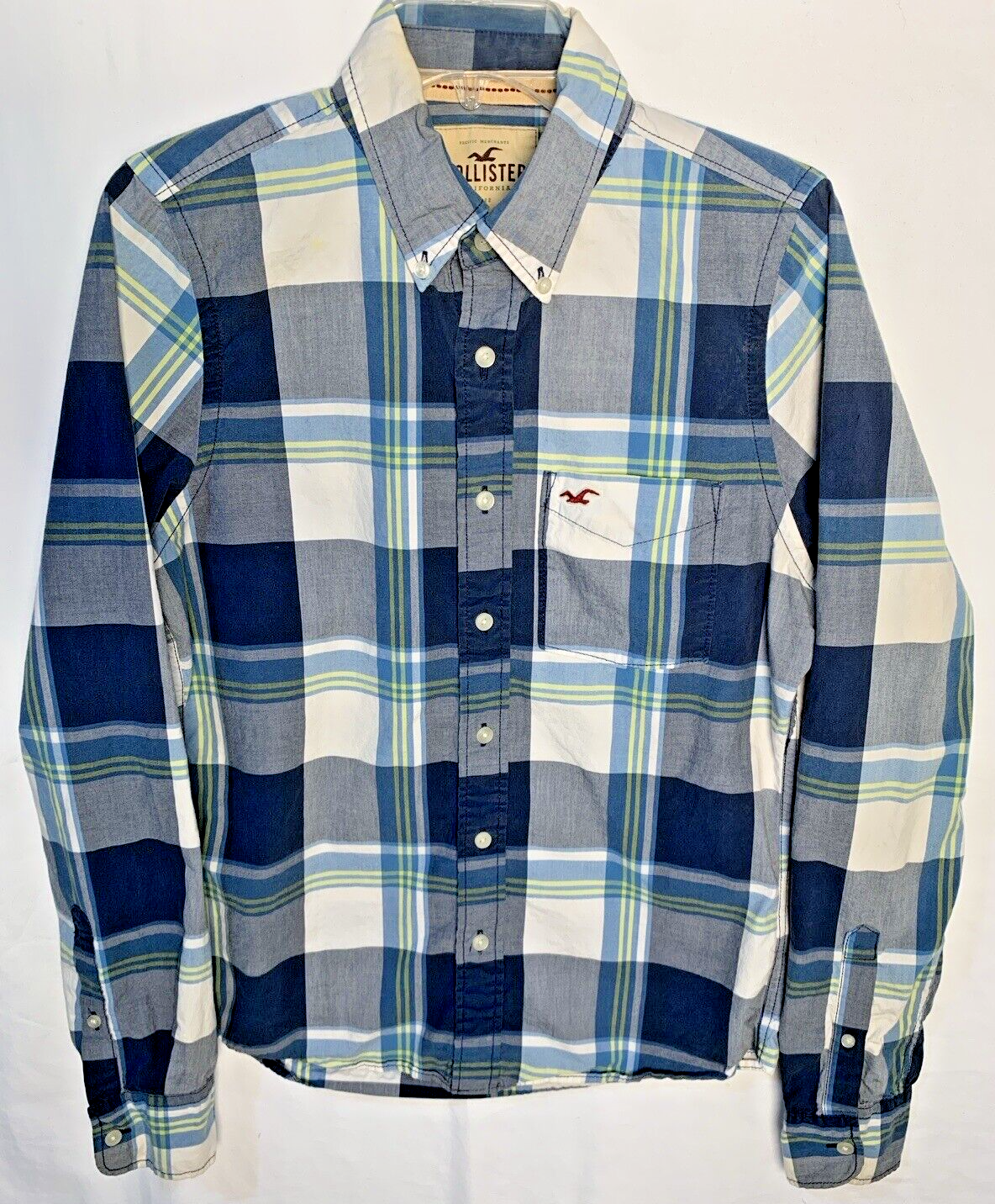 Mens Hollister Shirt Size M Blue White Yellow Plaid Button Down