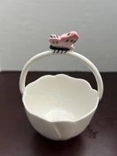 White Ceramic Bowl Butterfly Handle Design - Floral Pattern Small Candy Dish