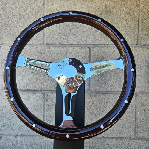 14" Slotted Chrome Steering Wheel Dark Wood Riveted Grip, 6 Hole Chevy Ford GMC