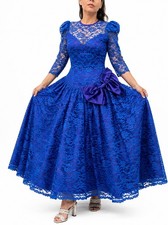 Vintage 80s Royal Blue Lace Long Sleeve Full Skirt Prom Holiday Party Dress S M