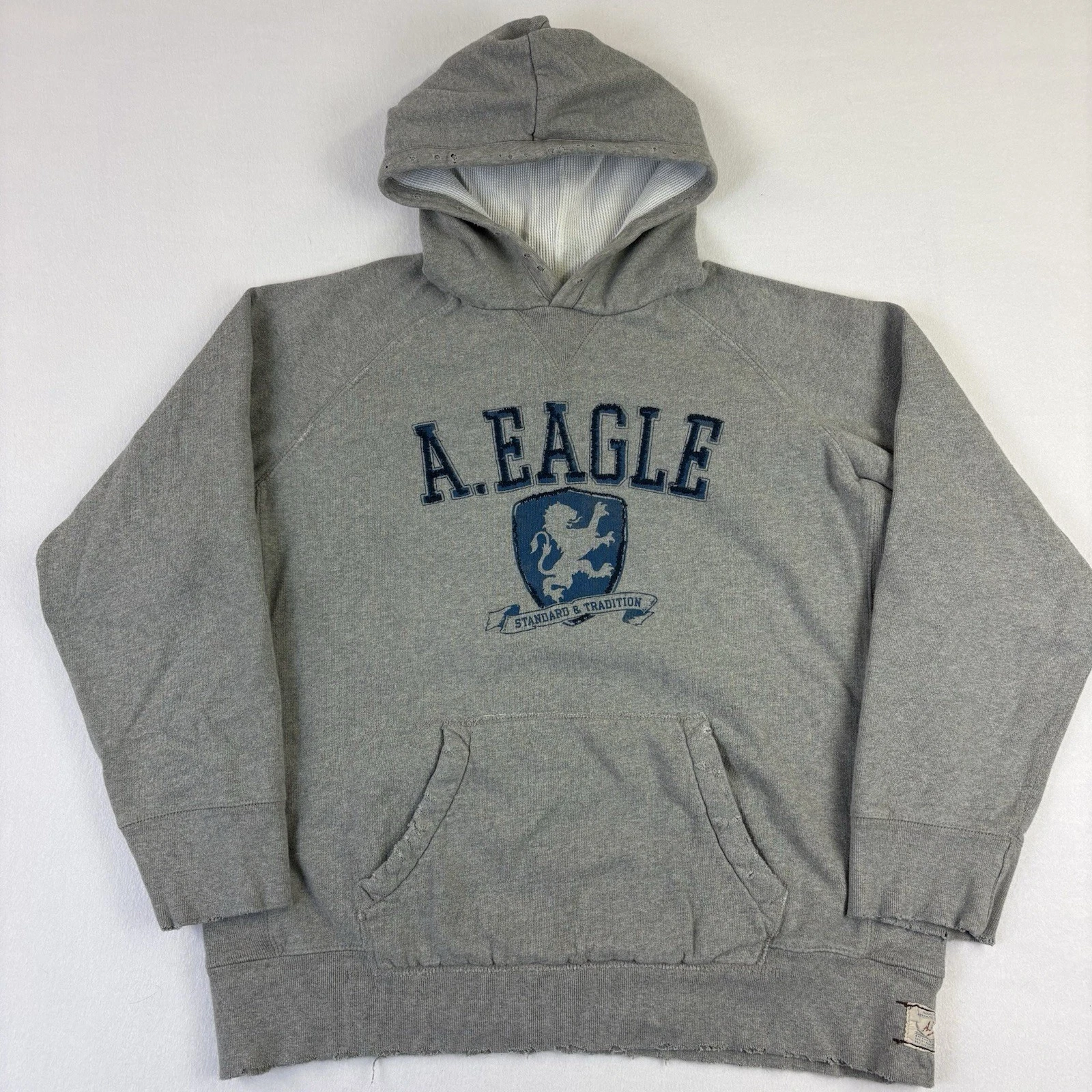 Vintage Y2K American Eagle Lion Crest Hoodie Size XL Gray Thermal Lined Hood