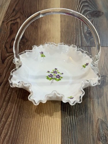 Fenton VIOLETS IN THE SNOW Silver Crest Basket Mary Kunz Signed