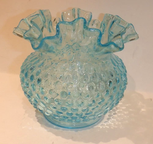 Vintage Fenton Aqua Blue Opalescent Hobnail Crimped Ruffled Glass 5 inch Vase