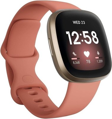 Fitbit Versa 3 40 mm Pink Rubber Case with Gold Aluminum Band GPS Smartwatch