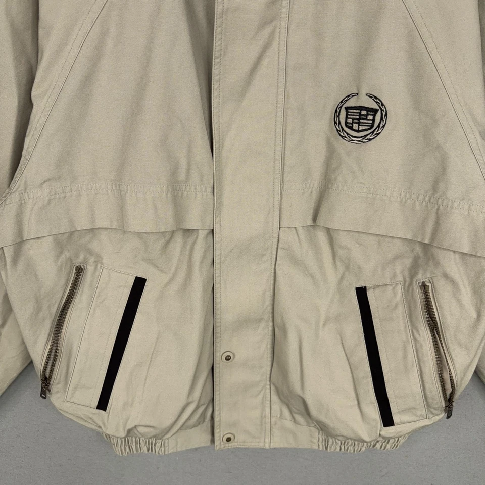 Vintage Cadillac Jacket Mens Medium Beige Bomber Zip Pockets Cutter & Buck Work - Image 3 of 4
