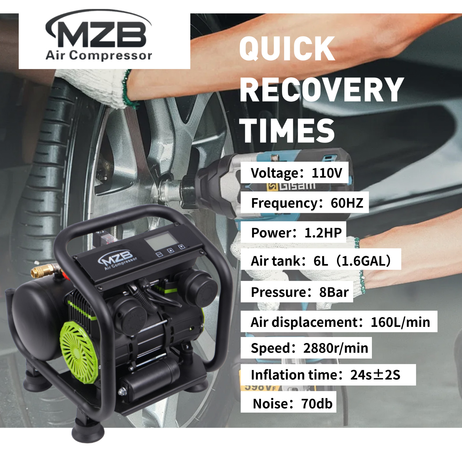 1.6 Gallon Ultra Quiet Air Compressor 110V/60Hz Steel Tanks Oil-Free 65dB
