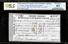 March 1 1844 Washington Republic Texas Treasury Warrant Tx-w6a Pcgs Choice 63