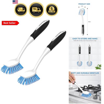 Dish Brush with Handle, 2 Pack Stiff Bristles Dish Scrubber with Built-in Scr...
