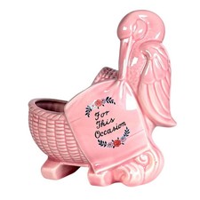 1950s Pink Stork Basinet Planter, For This Occasion, Ceramic Baby Shower Decor