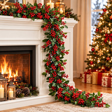 2Pcs Christmas Garland Artificial Greenery with Red Berries Holiday Decor