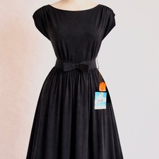 Vintage 1960s Specter & Shanler Black Cocktail Dress Bow Belt Pleated NOS