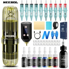 Complete Tattoo Kit Lightweight Machine 1500mAh Battery 10 Needle Cartridges