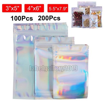 100PCS Holographic Mylar Foil Bag Resealable Zipper Pouch Packaging Clear Front
