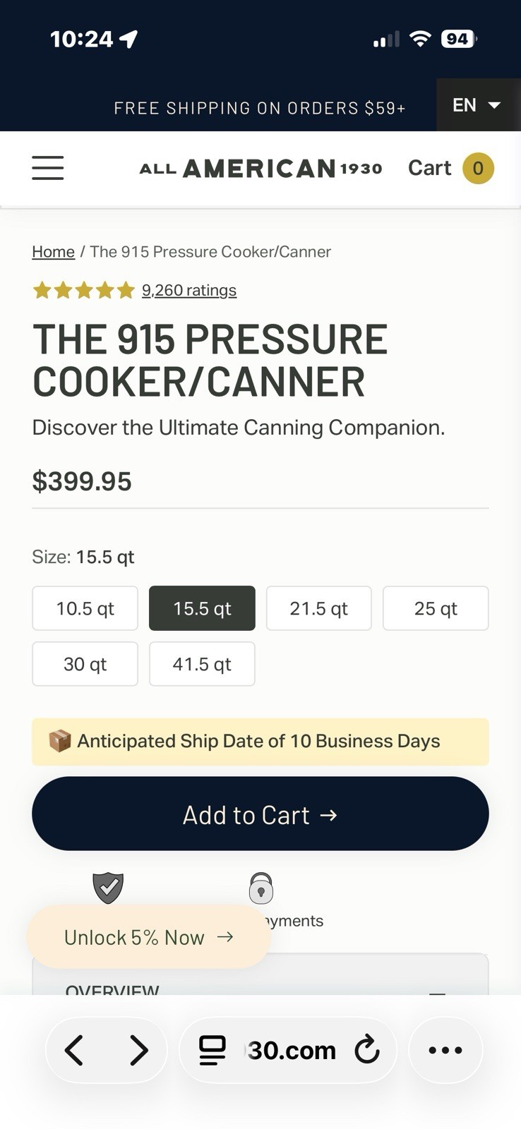All American Pressure Canner/Cooker Model 915 Heavy Cast Aluminum 15.5 QT