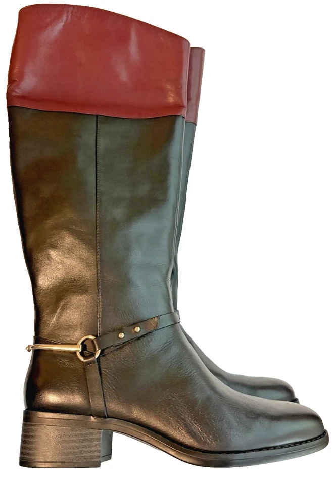 Botas de montar Isaac Mizrahi Live caña alta talla 7,5 Monica negras marrones nuevas sin caja cuero - Imagen 1 de 4