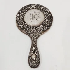 Sterling Silver Hand Mirror Vanity Antique Repousse Model Floral Vintage Antique