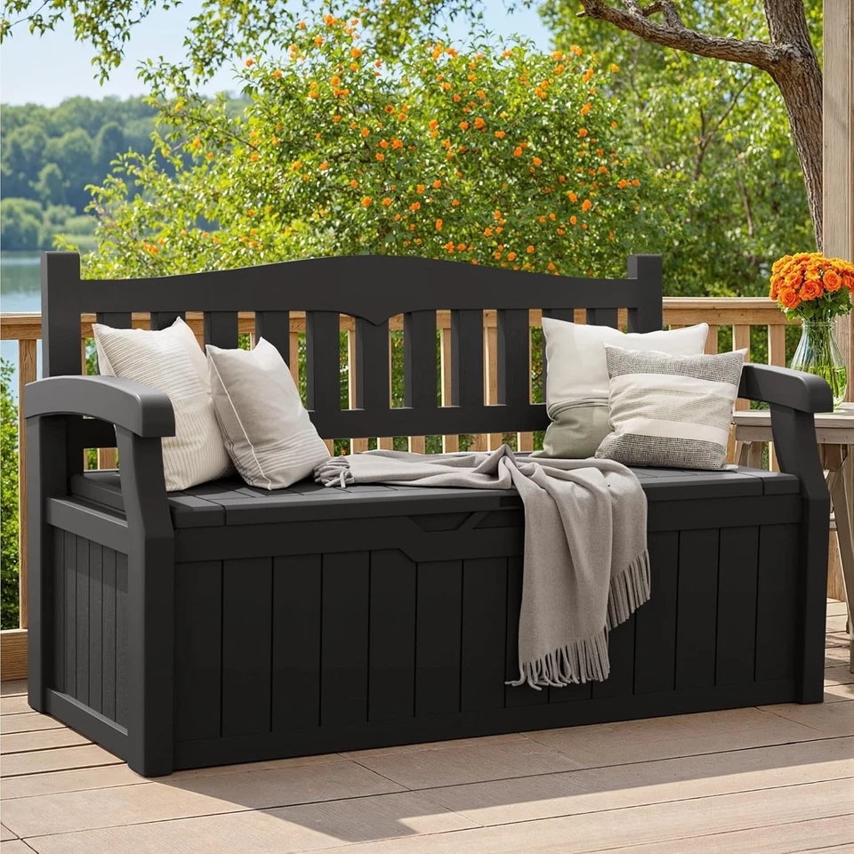 Compact 80 Gallon Storage Bench with Backrest - Perfect for Gardens & Patios - Image 3 of 4