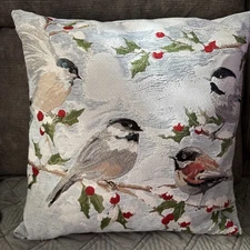 Chickadees & Berries Winter Red Berries Holly Finch Bird 17”X 17” Thow Pillow