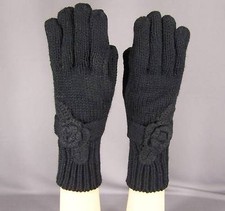 Black knit flower floral ladies winter gloves 10.5" long