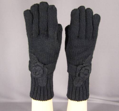 Black knit flower floral ladies winter gloves 10.5" long - Afbeelding 1 van 5