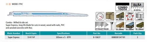 Makita Recipro Blade 305mm 5-8TPI Super Express Bi-Metal - 3 Pack B-10637 - Picture 2 of 2
