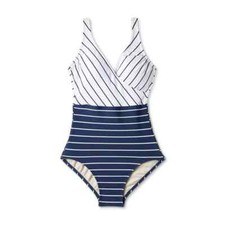 Kona Sol Women's Striped V Neck Full Coverage One Piece Swimsuit Large 12/14