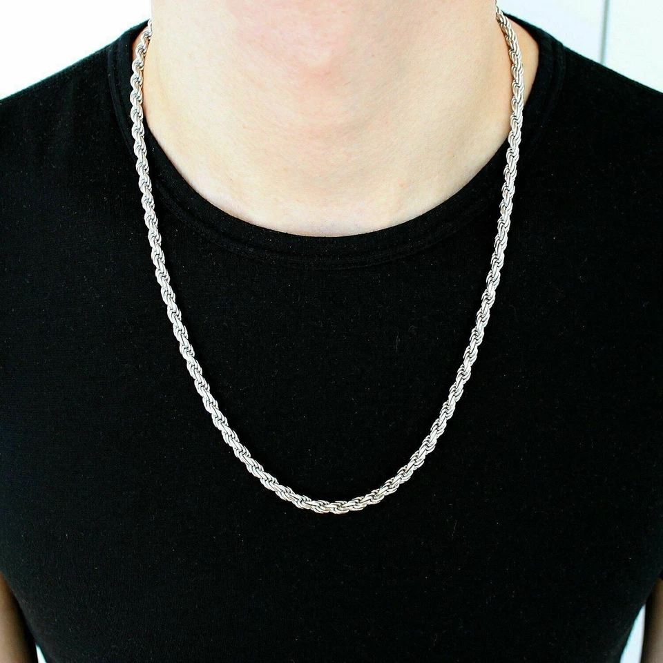 Collar de cadena de cuerda italiana de plata esterlina 925 sólida para hombre de 5 mm - corte de diamante Foto 2 de 4