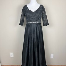 Formal Gown Dress 10 Black Floral Applique Beaded A-Line Evening Long Whimsigoth