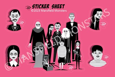Addams Family Sticker Sheet 4'' x 6''  5 Stickers  Original Art Doug Mansfield