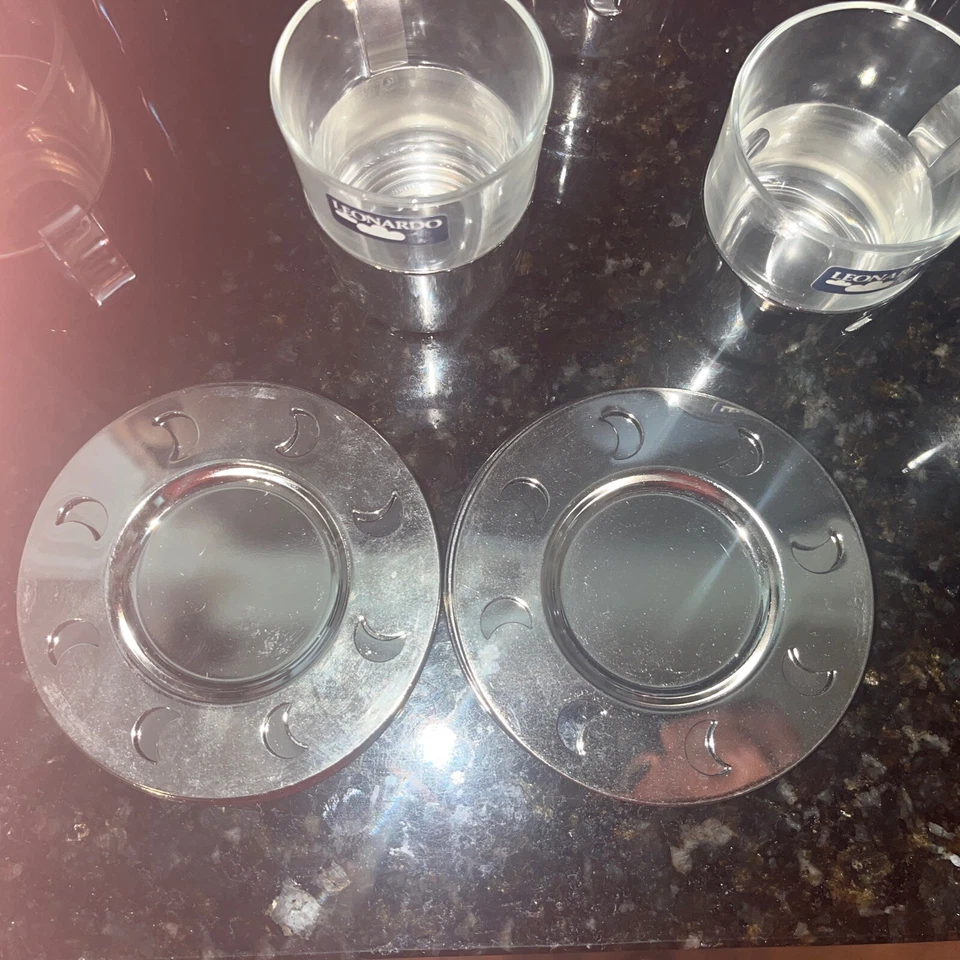 8件套复古莱昂纳多玻璃浓缩咖啡杯银色金属碟子全新带标签 — 第 4/4 张图片