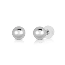 14K Real Solid White Gold Polished Round Ball Stud Earrings Silicone Push-back