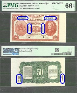 Indonesia (Neherlands Indies) P 110s 50 Cents Specimen 1943 PMG 66