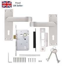 Elegant Brushed Nickel Door Handles set with Lock and Key. 1 Pack