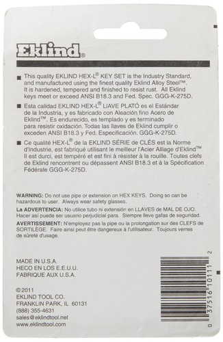 EKLIND 10111 Hex-L Key allen wrench - 11pc set SAE Inch Sizes .050-1/4 Short ... - Picture 3 of 8
