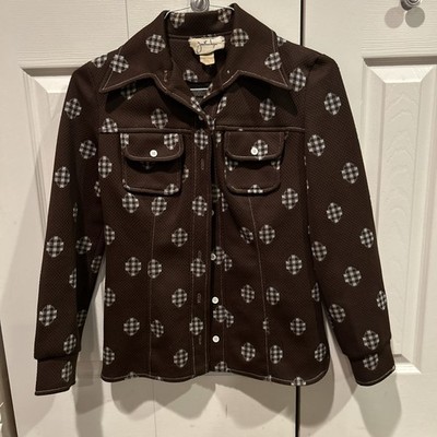 Vtg Jonathan Logan Sz S Blouse Jacket Brown White Check Western 1970s