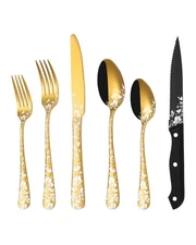 48-Piece Gold Silverware Set with Steak Knives, Stainless Steel Flatware Cutl...