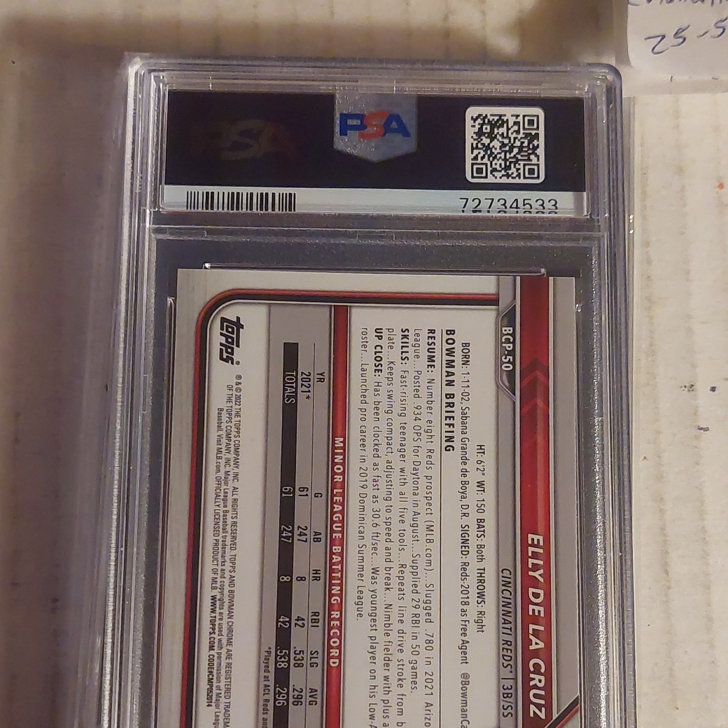2022 Bowman Mega Box Chrome Prospects Mojo Elly De La Cruz BCP-50 PSA 10 view 2