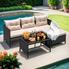 Devoko 3 Piece Rattan Outdoor Sectional Sofa with Glass Table Beige