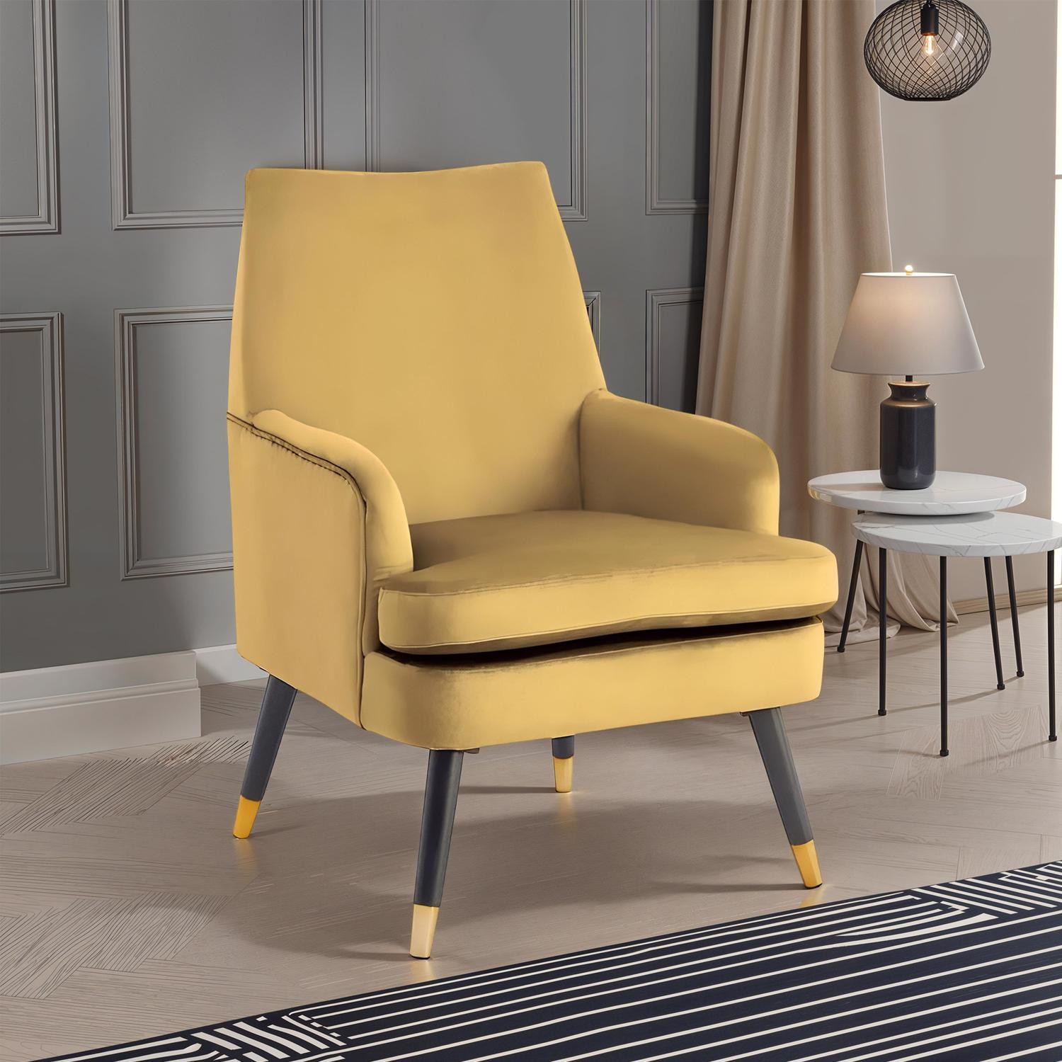 Loretta Armchair Mustard Velvet Accent Padded Gold Tipped Feet