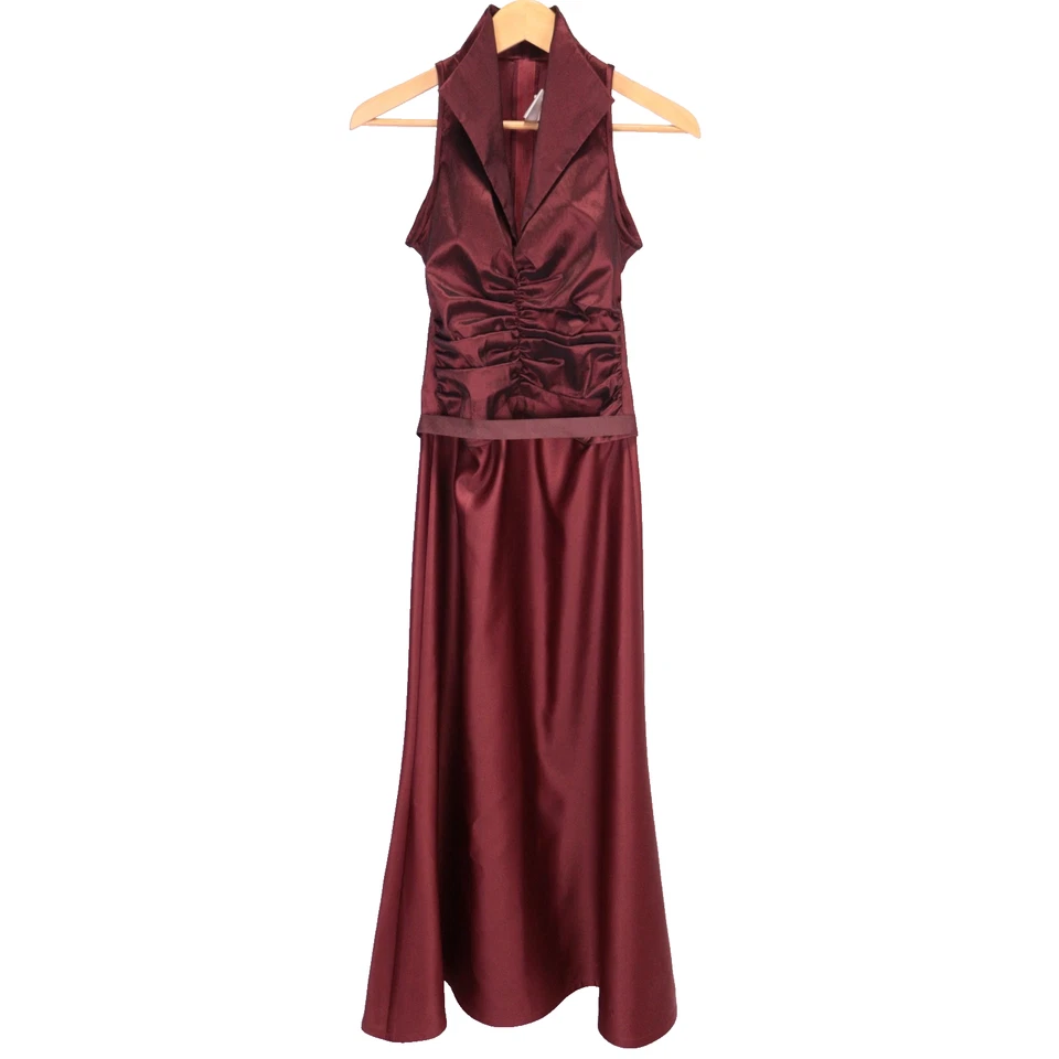 Tadashi 红色缎面领荷叶边腰长裙正式晚礼服尺寸 4 — 第 2/4 张图片