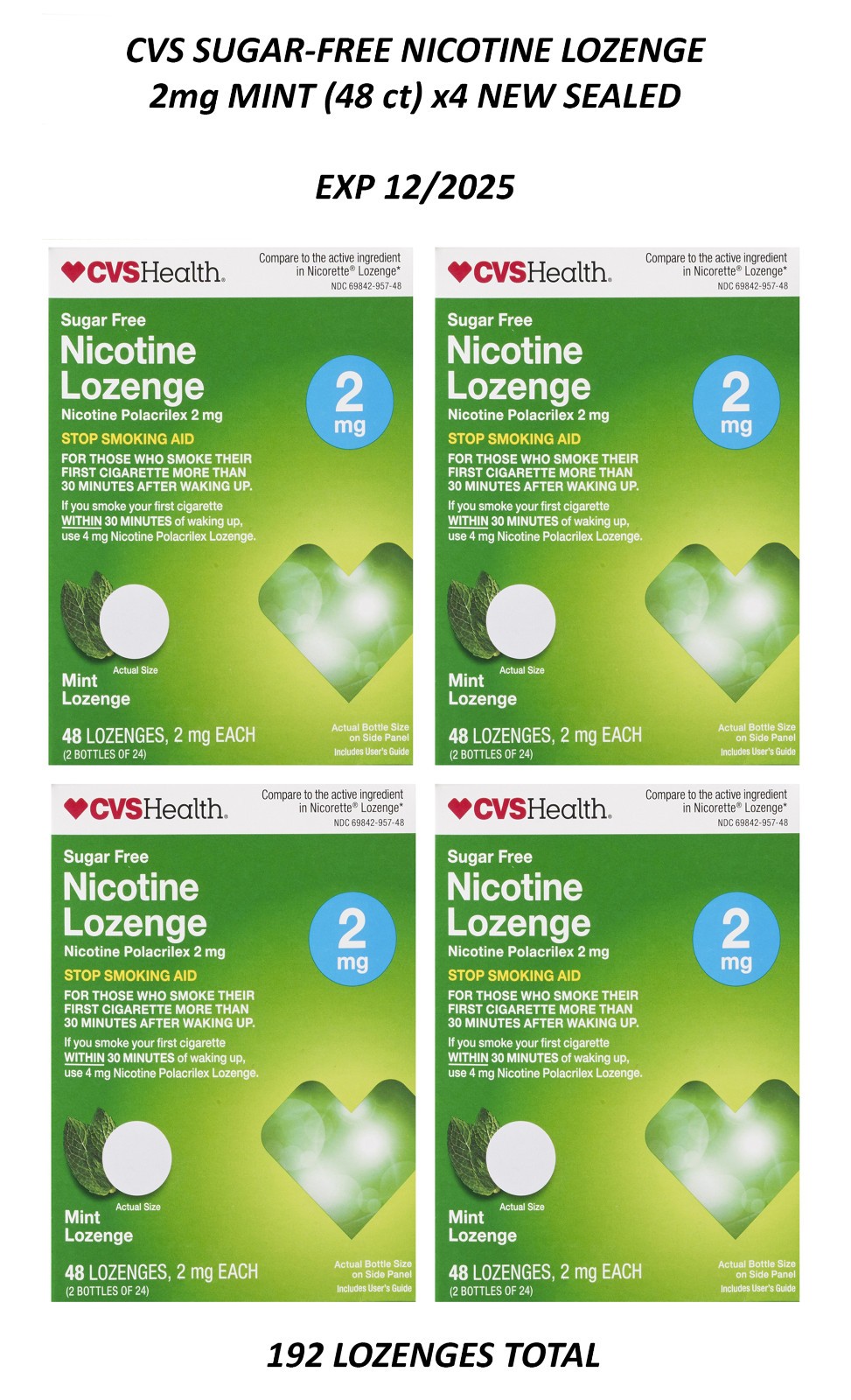 CVS Sugar Free 2mg MINT Nicotine Lozenge (48 ct) Exp 12/25 - 4 NEW SEALED