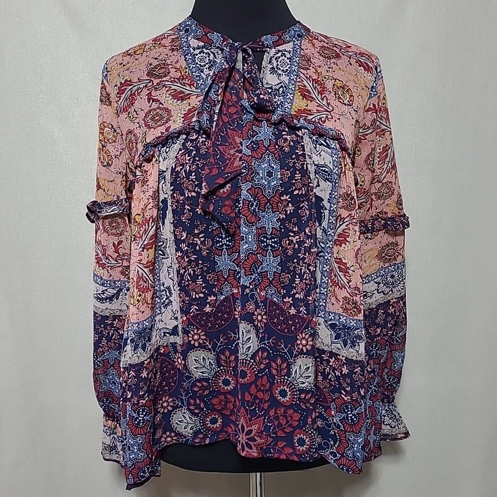 Knox Rose Top Boho Sheer Women Size XS Floral Pink Red Blue Long Sleeve Ruffle