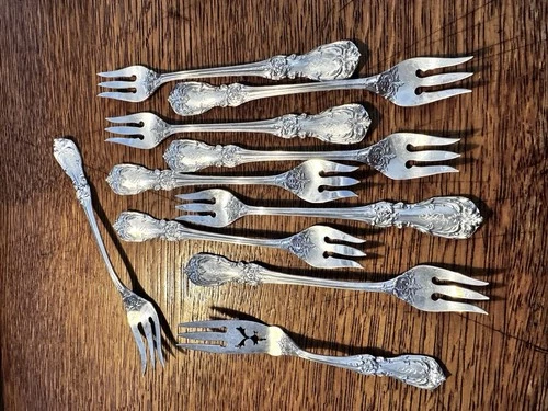 10 Pc. BURGUNDY Reed & Barton Sterling Silver Pickle/Oyster Fork Set 225 Grams.