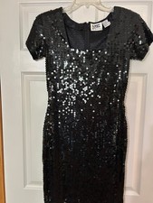 Women's Nite Sequin Black Dress, Size 10, Short Sleeve, Low Neckline